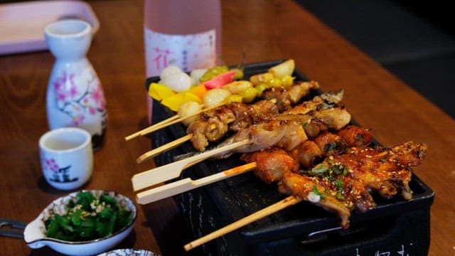 Variety of yakitori and sake laid out on the table