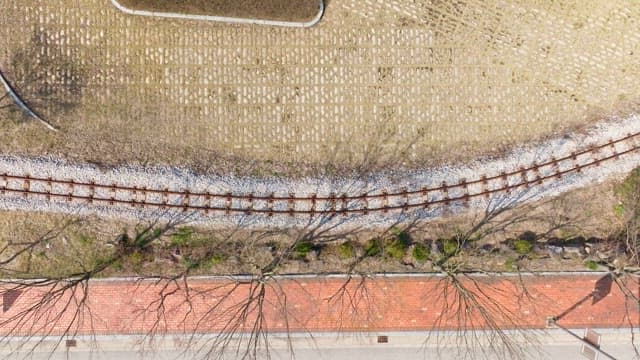 Railroad tracks and pathways in a park