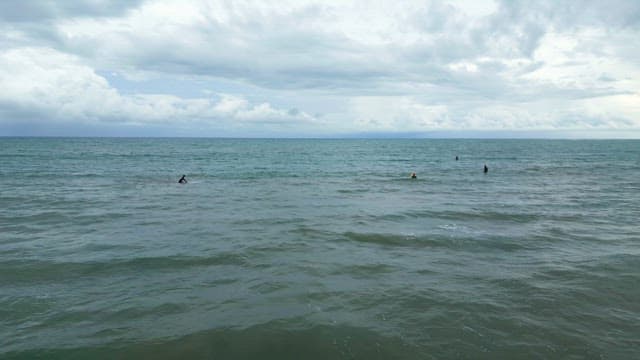 People surfing on a cloudy beach