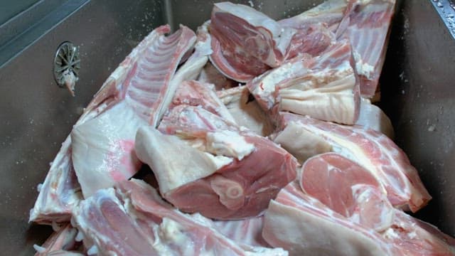 Raw meat cuts in a stainless steel sink