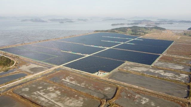 Solar Panels Spanning Across Coastal Landscape