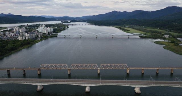 River with bridges and mountains