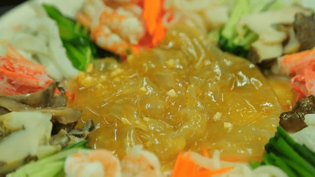 Starch sheet salad with mustard sauce with various ingredients