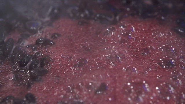 Bubbling pot of dark beans cooking