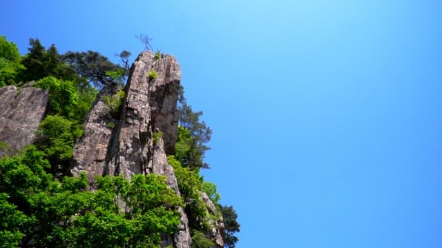 Majestic rocky cliffs surrounded by lush greenery under a clear blue sky