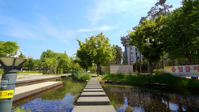 Stepping stones in a park surrounded by buildings