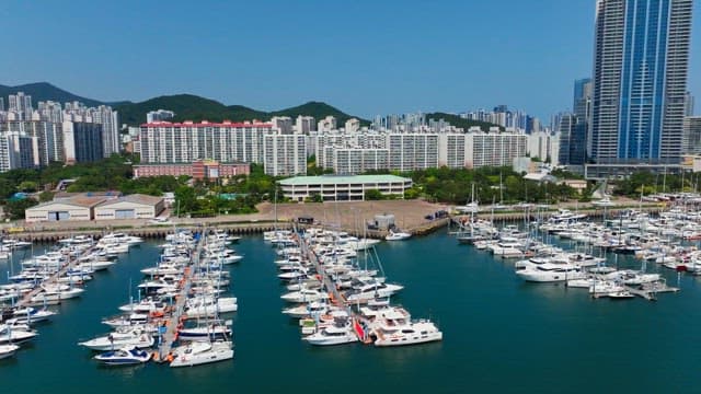 Busan's coastline with skyscrapers and yacht marinas