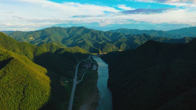 Aerial View of a Serene Riverside Village