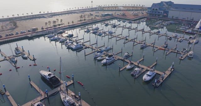 View of a marina with docked yachts
