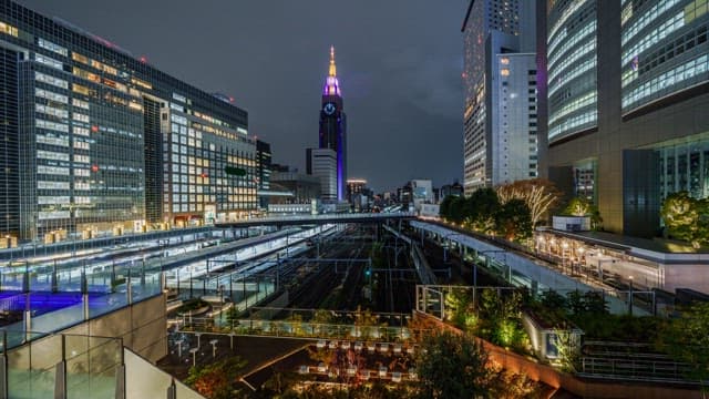 Night view of a bustling city with trains