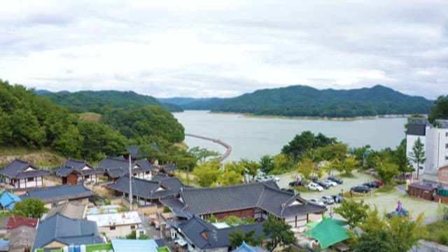 Korean Traditional Village by the Serene Lake