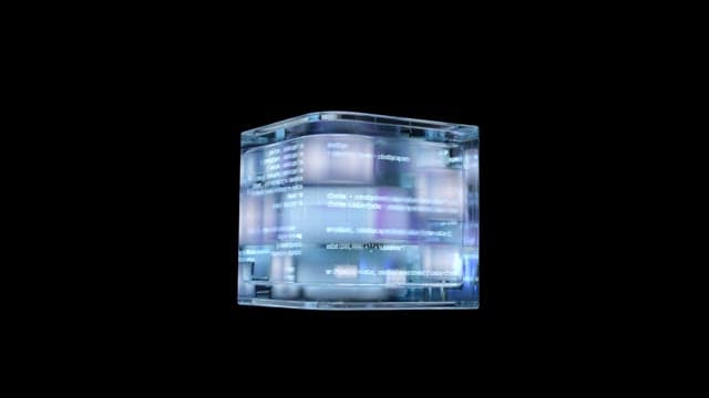Futuristic Rotating Holographic Cube Displaying Data