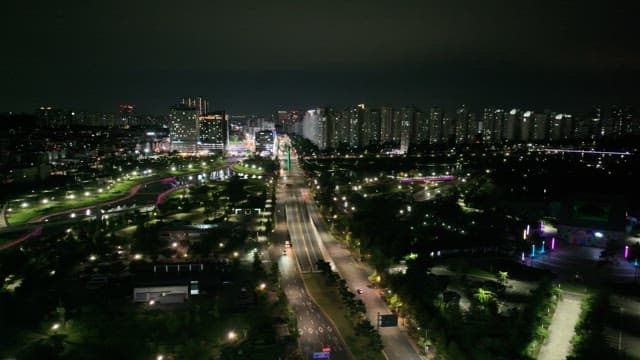 Colorful Night View of Urban Park and Buildings