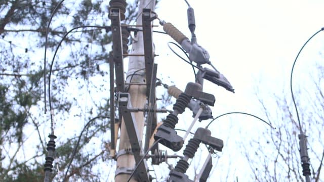 Electrical pole with wires and transformers in a forested area