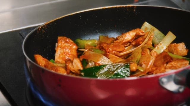 Cooking Chicken Stir Fry witn Pan on Stove