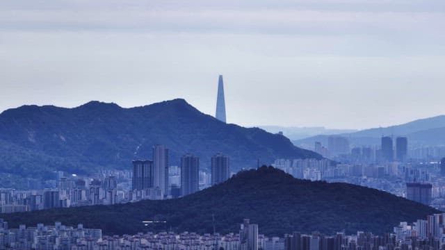 City skyline with mountains in the background