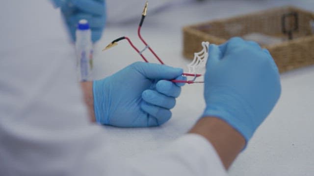 Scientist wearing blue gloves working on a sample