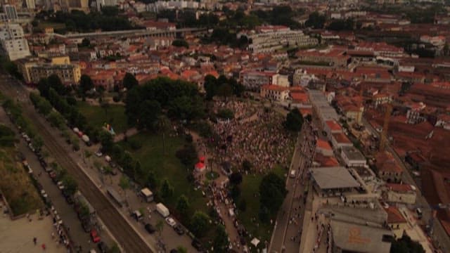 Aerial view of an Square in Historic City at Dusk