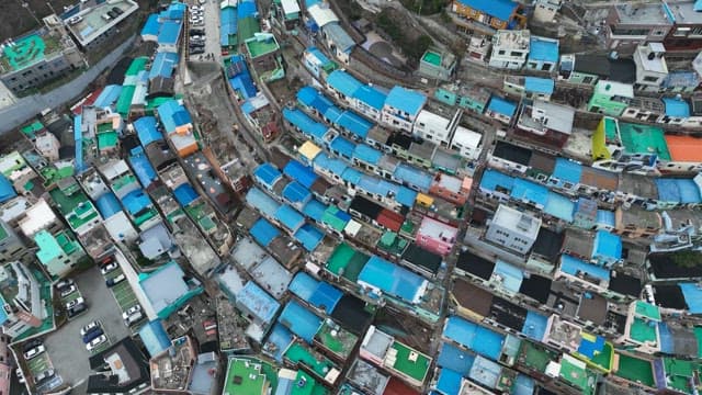 Colorful rooftops in a dense urban area