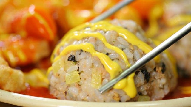 Korean rice ball with tuna mustard sauce