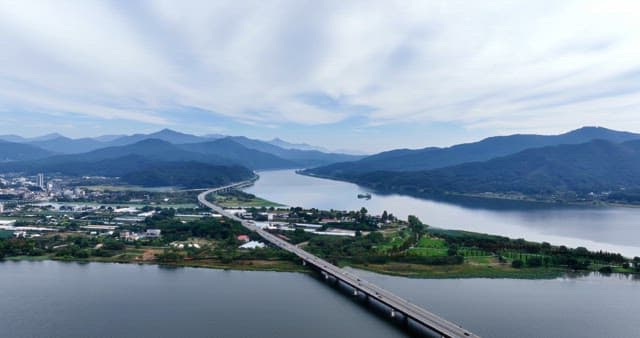 Scenic river with a bridge and mountains