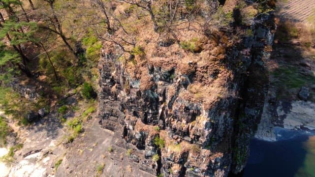 Rocky cliff with trees and a river below