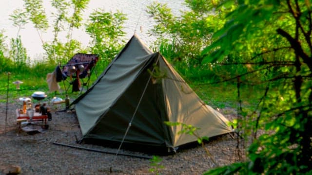 Tent setup and camping equipments by a lakeside in a forest on a sunny day