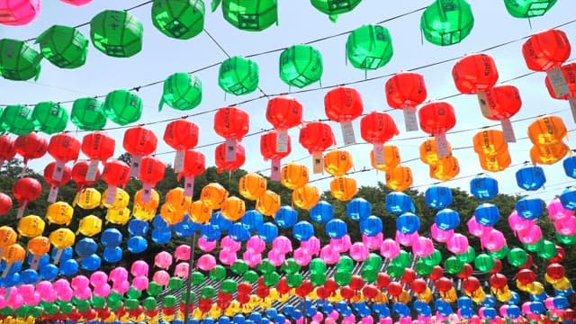 Colorful lanterns hanging in the sky to celebrate Buddha's birthday