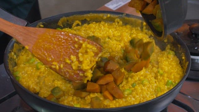 Fried Rice with Pumpkin Sauce Cooked in a Pan