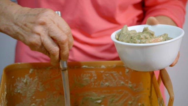 Traditional fermented food made with leaven, shindari, is scooped out with a ladle and placed in a bowl