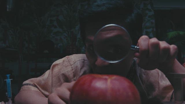 Man examining a large red apple with a magnifying glass in a dimly lit room