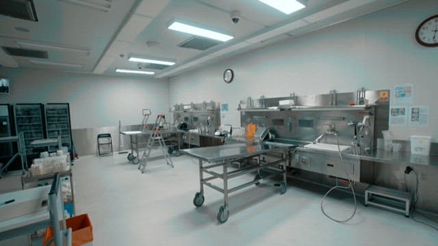 Lights out autopsy room in a medical facility