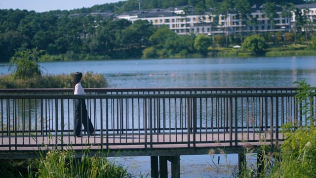 Woman Walking on Bridge Over Lake