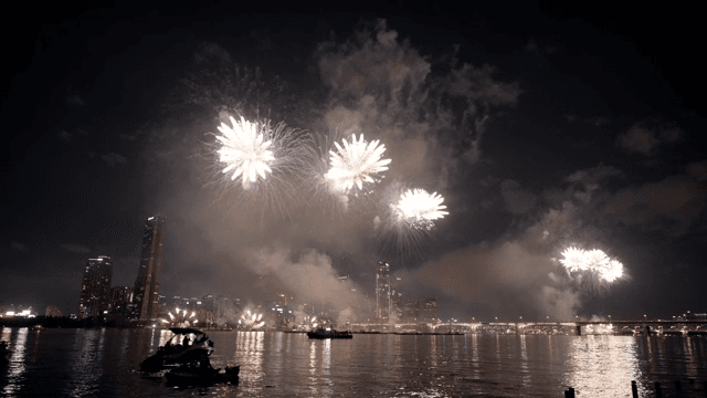 Fireworks Display Over City Skyline at Night