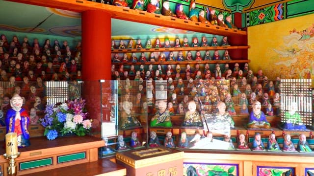 Various statues in a detailed Buddhist temple interior