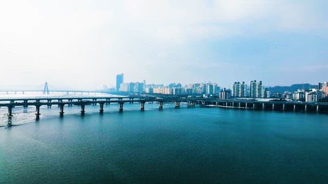 Seoul with Calm Han River on a Cloudy Day
