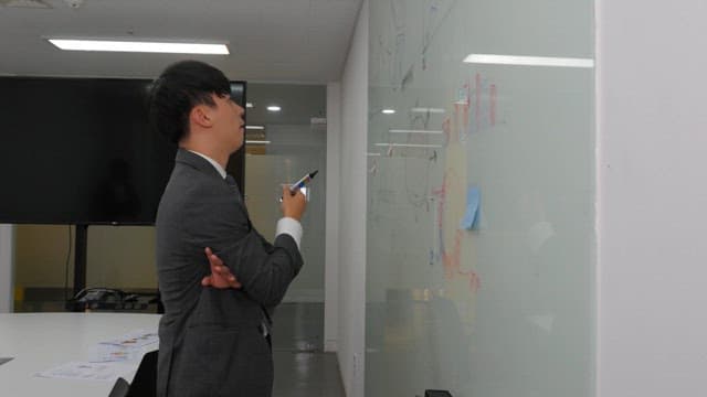 Man wearing a suit in the office and thinking in front of the whiteboard