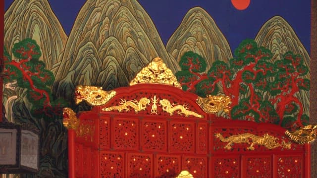 Traditional Korean royal painting on a decorated screen
