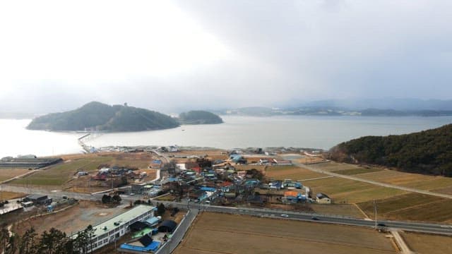 Coastal village with fields, houses, and a distant island under a cloudy sky