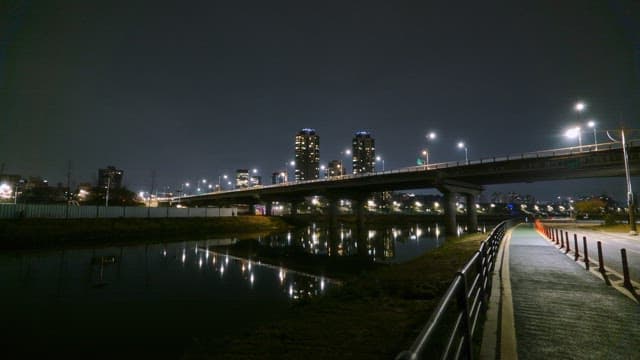Night view of a city bridge and river