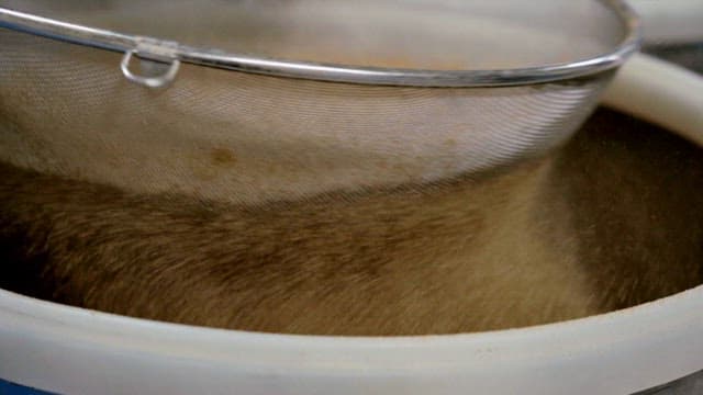 Close-up of grain being sifted through a mesh sieve