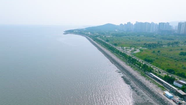 Coastal City Bordering Lush Green Park