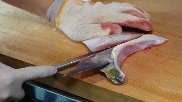 Yellow tail being filleted on a wooden board