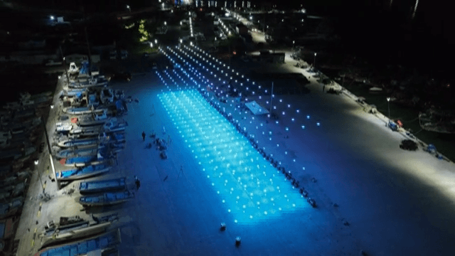 Light show using drones at the port