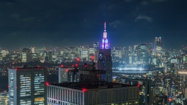 Night view of a city with illuminated buildings