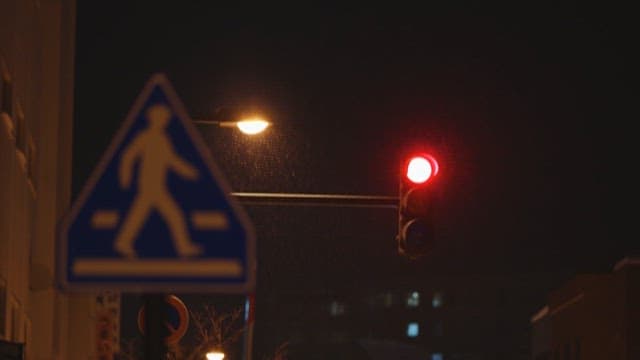 Nighttime city street with traffic light and sign