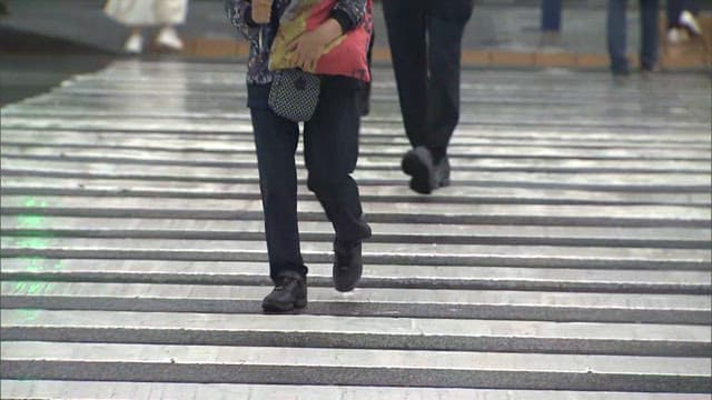 People walking on a pedestrian crossing in rainy day