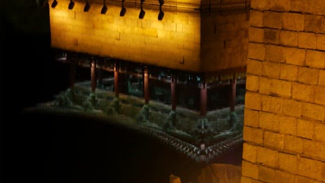 Traditional architecture reflected in lit water at night