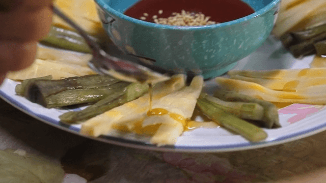 Stir-fried bamboo shoots with sauce on a plate