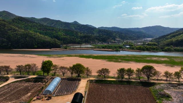 Scenic view of farmland by a tranquil river